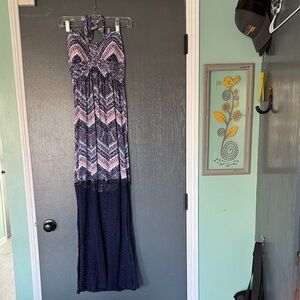 Y2K Vanity Blue and Pink Patterned Dress with halter top and built in padding
